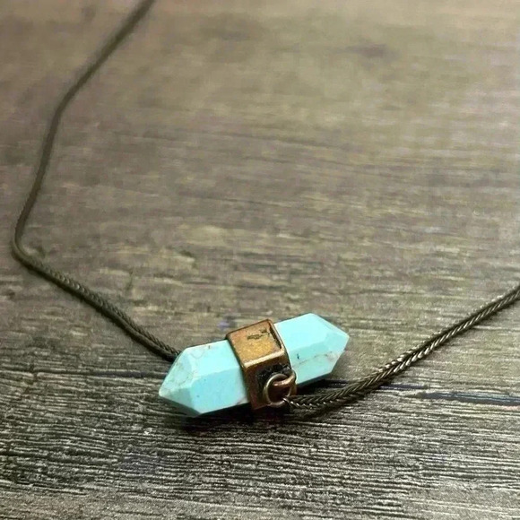 Etcetera Dark Bronze Metal Cuffed Turquoise Stone Pendant Necklace - Picture 2 of 3